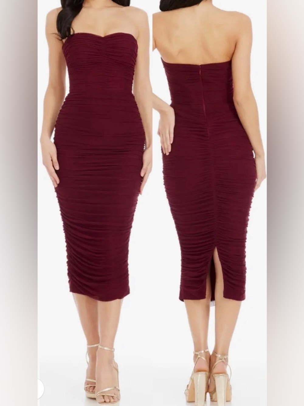 Dress the Population Strapless Ruched Midi Dress in Wine
